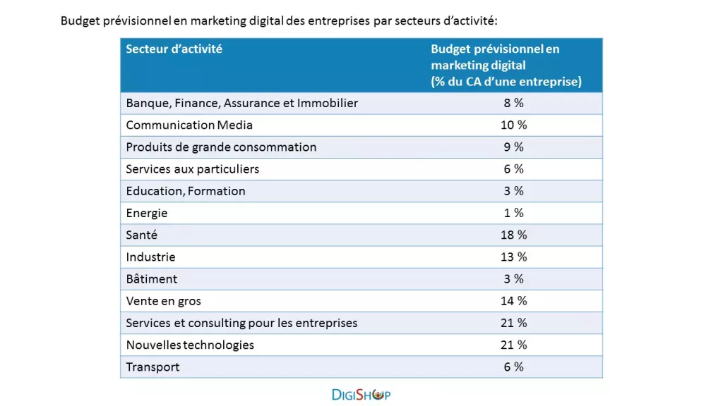 Budget prévisionnel 2023 en marketing digital des entreprises par secteur d'activité